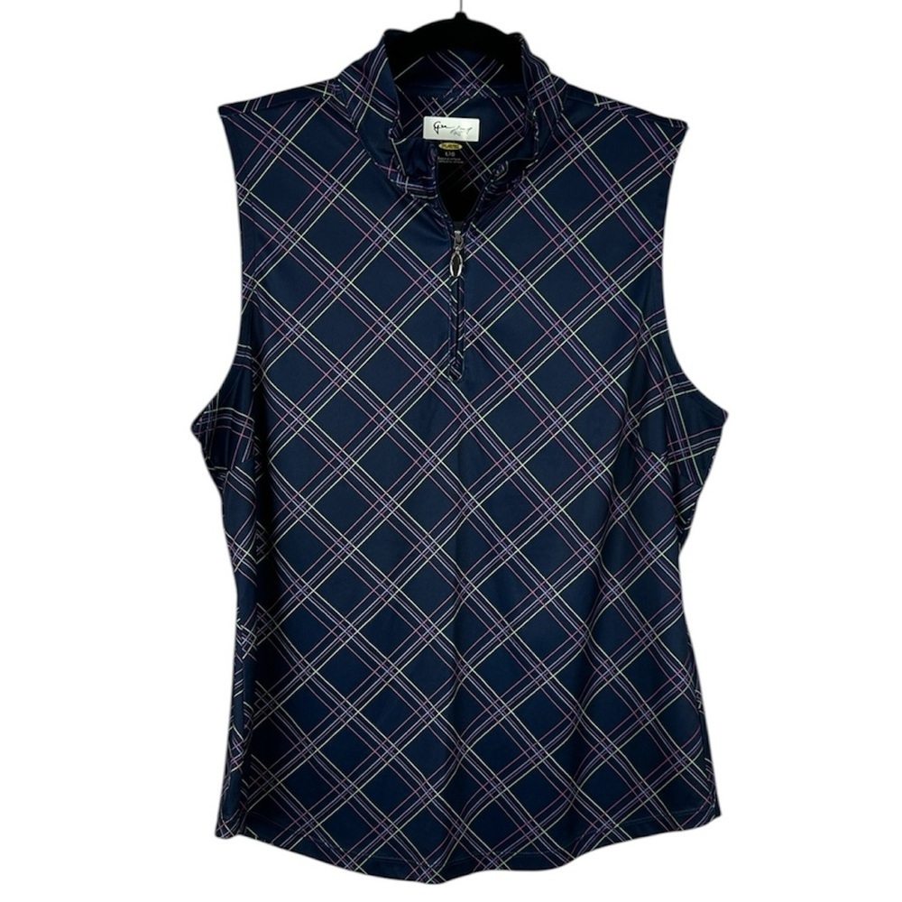 Greg Norman Play Dry Golf Athletic Plaid Sleeveless 1/4 Zip Top Large Blue
